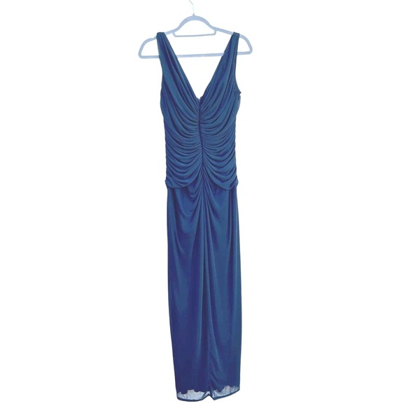 TADASHI Black V-Neck Ruched Mesh Chiffon Overlay Maxi‎ Long Gown Dress sz L - Picture 1 of 7